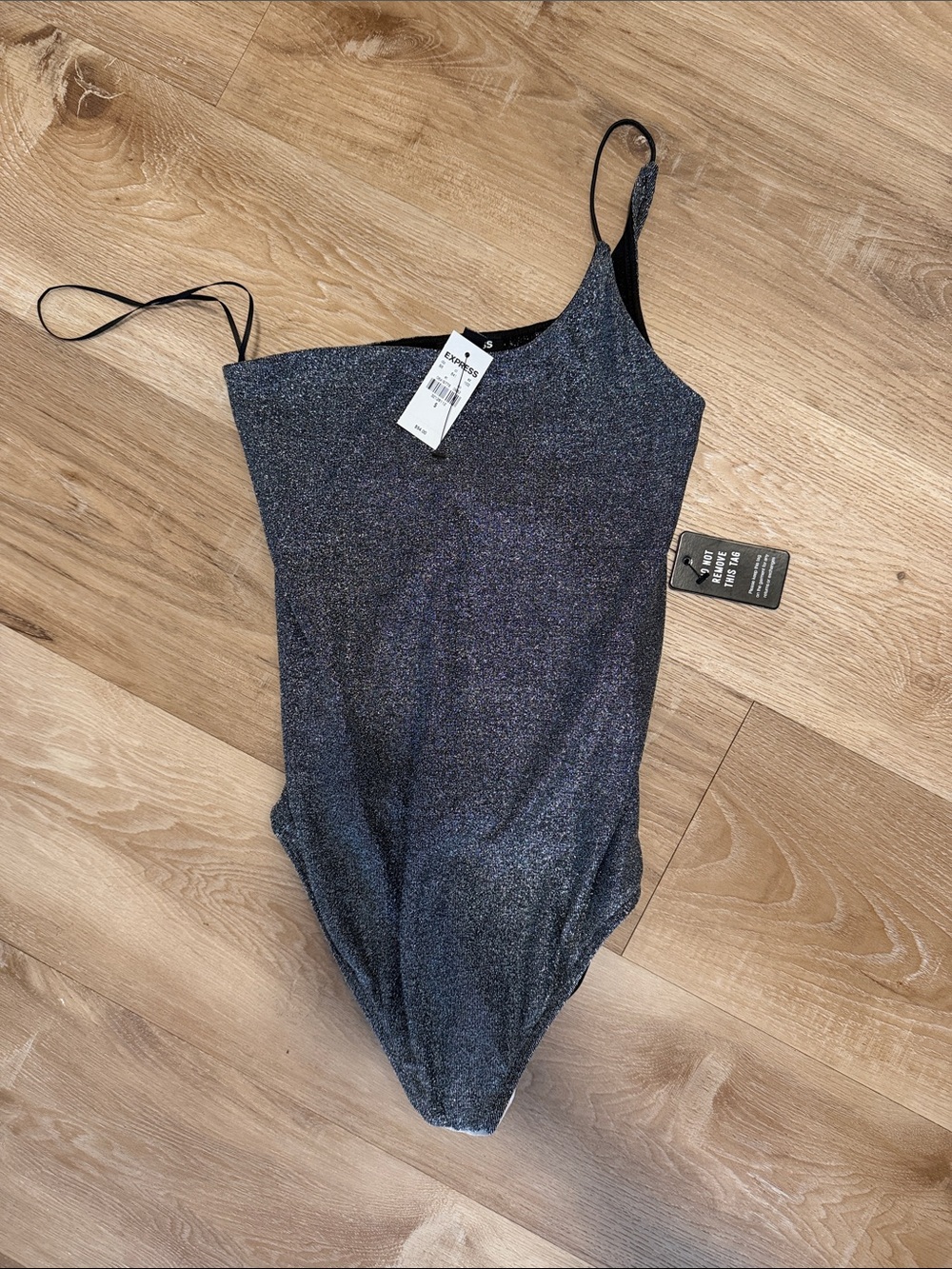 Express Black Shimmery One-Shoulder Bodysuit